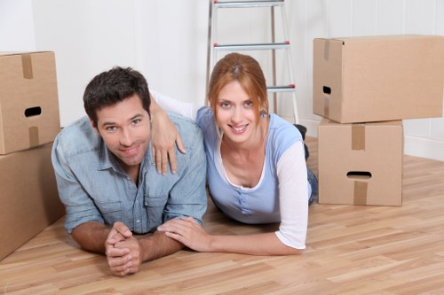 Household moving boxes and furniture prepared for transport