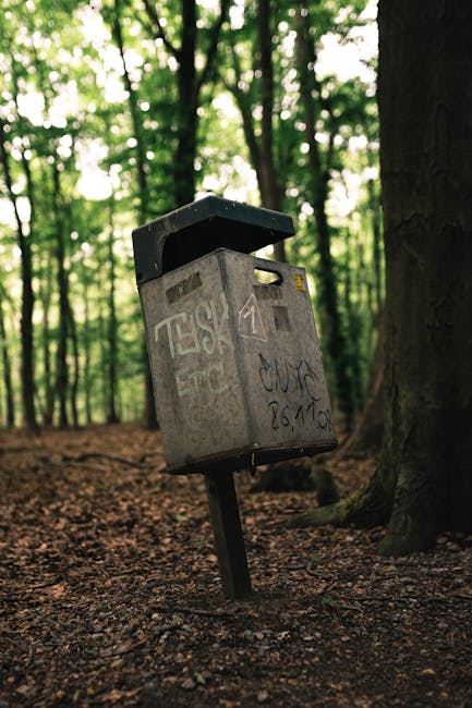 A grey metal battery swap station with graffiti graffiti on its surface, mounted on a black pole on the forest floor. The station features a small top compartment with an open slot, and a yellow warning sticker is visible on the upper right corner. Surrounding the station are tall trees with thick trunks and green foliage, with sunlight filtering through the canopy. The ground is covered in brown leaves and soil, indicating a natural woodland setting. This image relates to the context of moving or transport logistics within a natural environment, possibly reflecting outdoor equipment or infrastructure relevant to house removals or site preparations in wooded areas, as discussed on the Barking Council Bulky Waste Rules page.