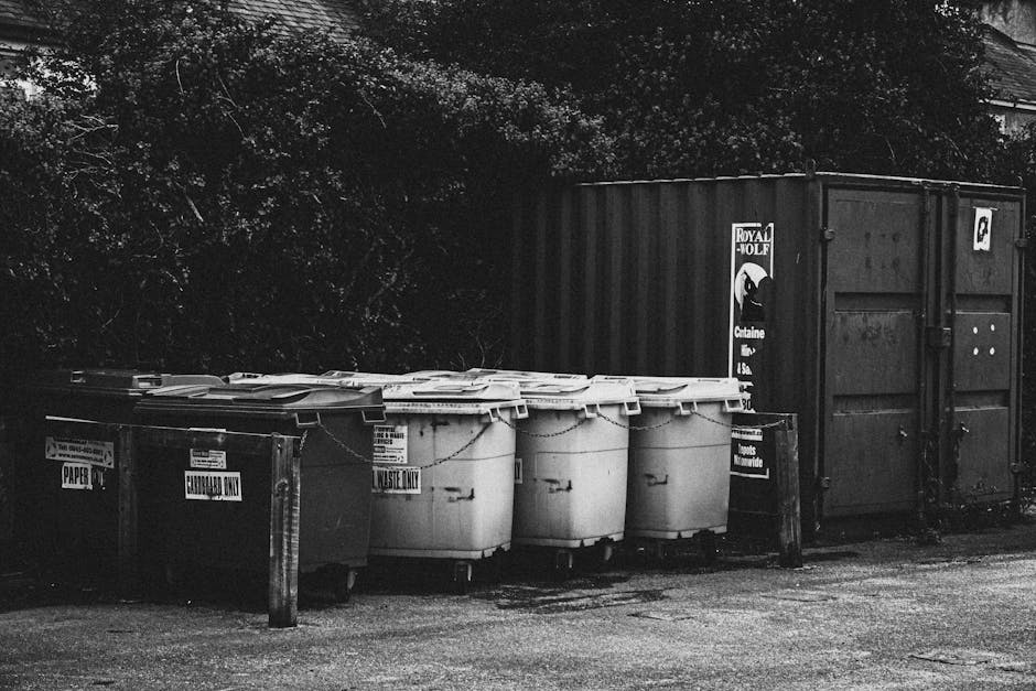 A row of five large wheeled waste bins, including one black and four white, are positioned outside a property, ready for disposal or recycling as part of home relocation or clearance services. The bins are situated on a paved area next to a wooden post and are covered with various labels, such as 'PAPER,' 'CROWDWASTE,' and 'WASTE ONLY.' Behind the bins, there is a dark, closed shipping container with visible hinges and a padlock, indicating secure storage or transport of bulky waste materials. The background features dense foliage and trees, and the scene is lit with natural daylight, highlighting the organized loading process typically associated with house removals or disposal challenges. This setup suggests a home removal company's involvement in waste collection and furniture or item transport, with [COMPANY_NAME] providing services around packing, moving, and waste disposal in Barking.